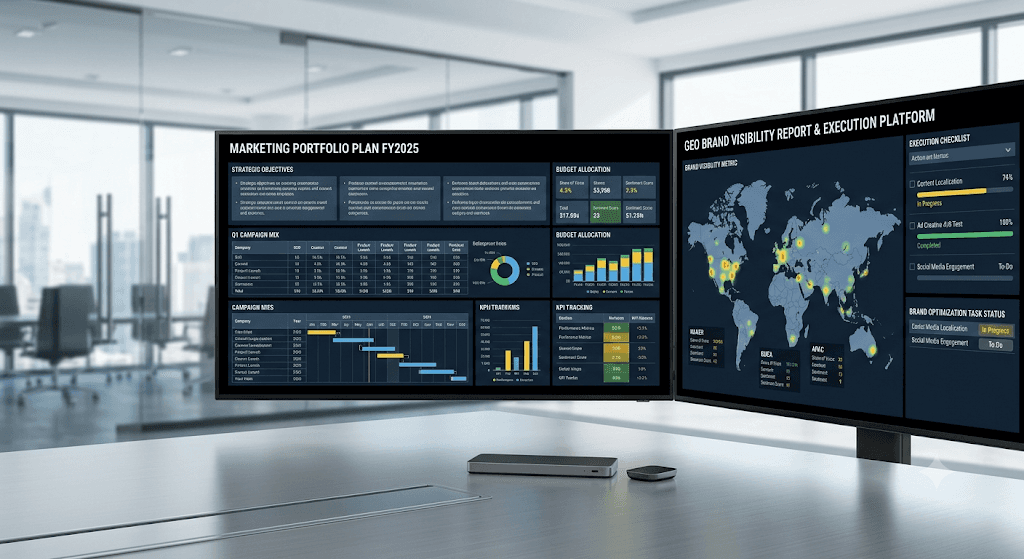 Workstation with two monitors: strategic planning portfolio dashboard on the left and GEO brand visibility report with execution tasks on the right